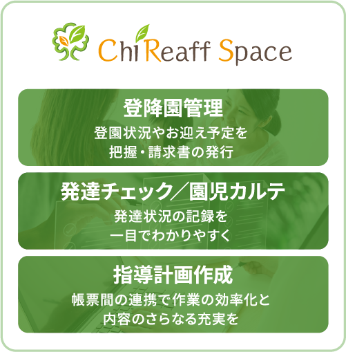 ChiReaff Space機能：登降園管理、発達チェック/園児カルテ、指導計画作成